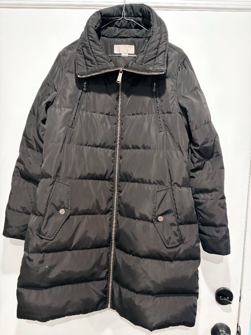 Michael Kors Mid-Length Quilted Down Coat with Gold Hardware